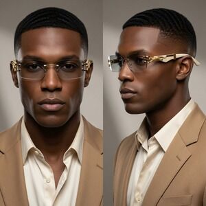 Mens Rimless Rectangle Clear Sunglasses Gold Cream Marble Gray Gradient Lens New